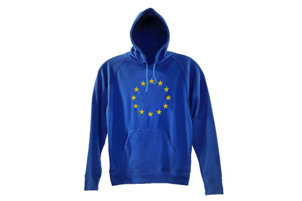 EU Hoodie for Men, royal blue 12 yellow stars, high quality, organic cotton made in Europe